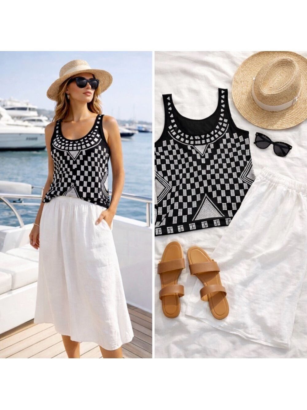 ADRIENNE VITTADINI BLACK & WHITE GEOMETRIC TANK TOP SIZE MEDIUM - Picture 3 of 9